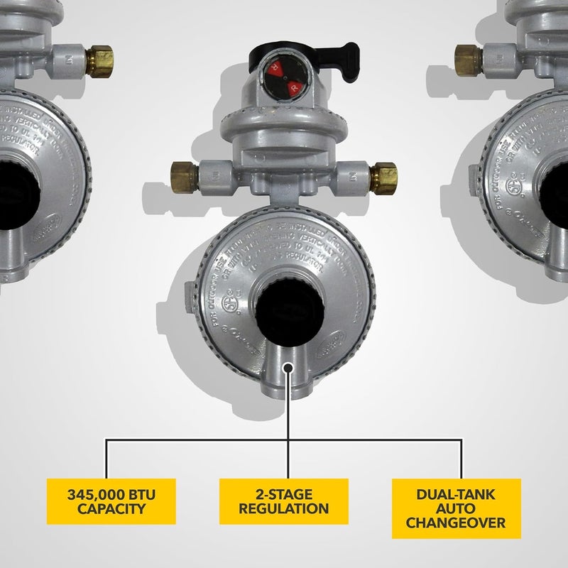 Fairview GR-9984 RV Camper LP Propane 2-Stage Automatic Changeover Regulator – Dual Tank Auto Changeover, 345,000 BTU, 11" WC, 3/8" NPT Outlet, 1/4" Inverted Flare Inlets, 8" x 4" x 3" - Image 2